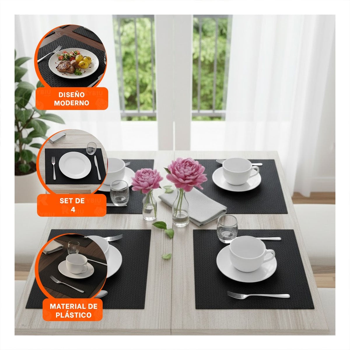 PACK6 OPCION DECORATIVA DE MESA RECTANGULAR 4 PIEZAS PARA USO DIARIO - 5