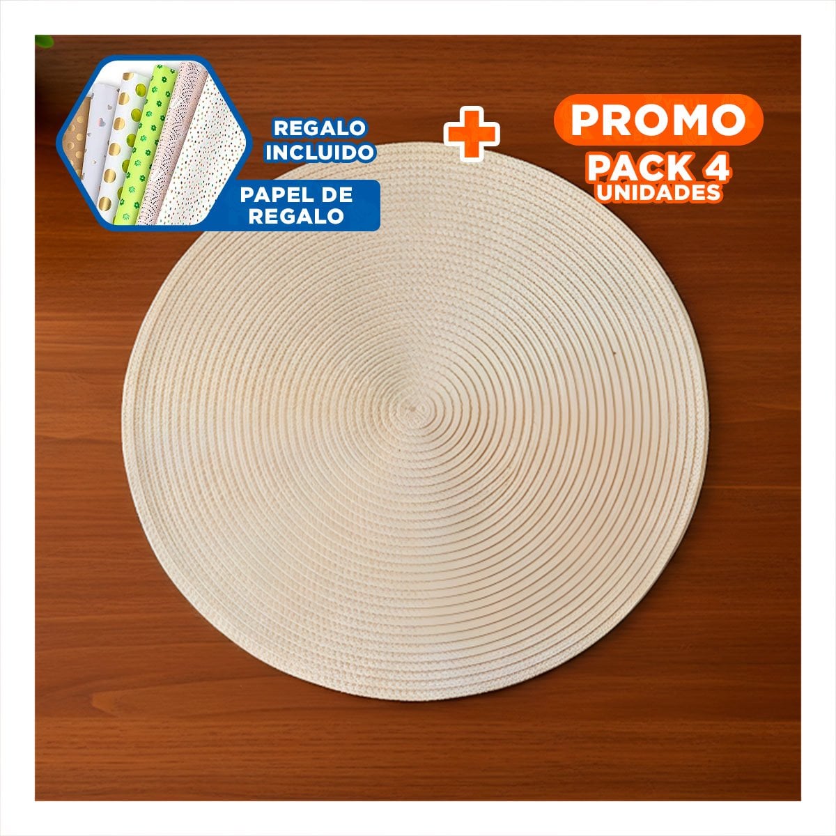 PACK4 PLATO TEXTIL INDIVIDUAL CIRCULAR BOHO BEIGE PARA HOGAR Y+PAPEL REGALO - 1