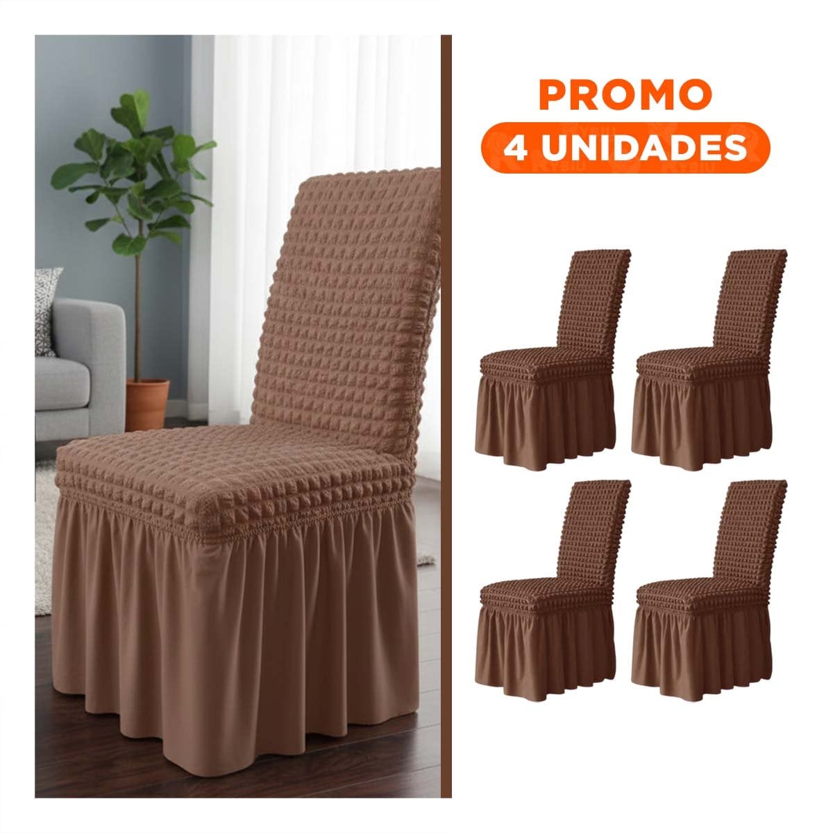 PACK4 FORRO PARA SILLA COLOR MARRON ELASTICA CON PATRON TEXTURIZADO CUADRADO Y+REGALO STICKER - 1