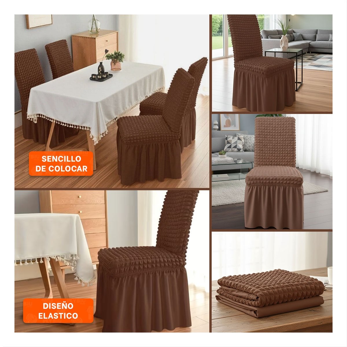 PACK4 FORRO PARA SILLA COLOR MARRON ELASTICA CON PATRON TEXTURIZADO CUADRADO Y+REGALO STICKER - 2