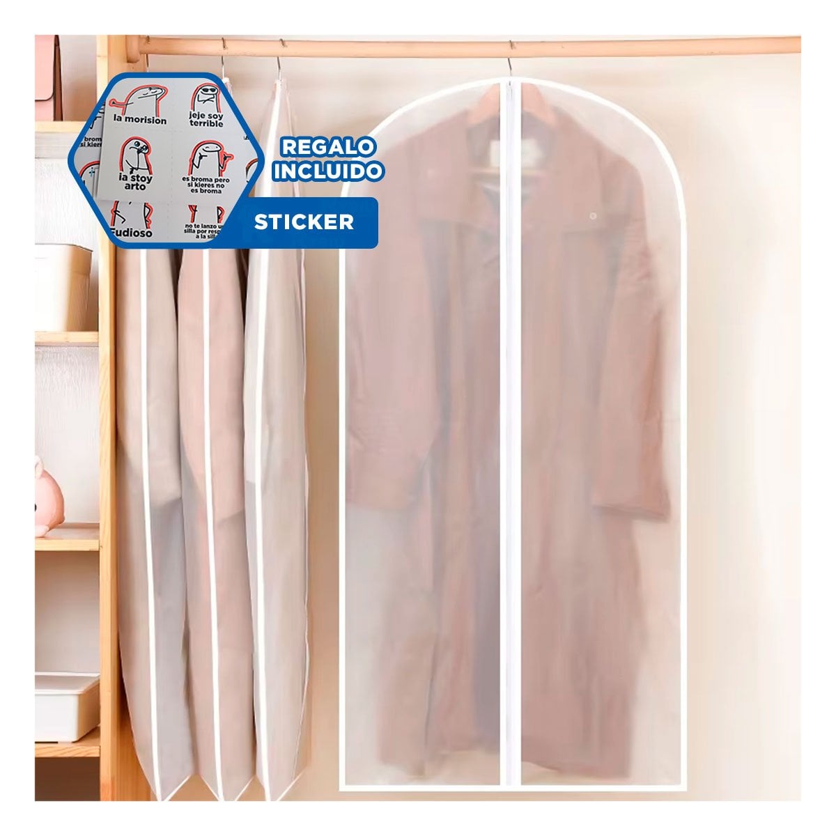 COBERTOR ORGANIZADOR DE ROPA 60X140CM BLANCO TRANSPARENTE USO DIARIO Y+REGALO STICKER - 1