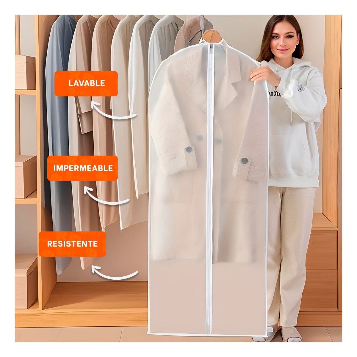 COBERTOR ORGANIZADOR DE ROPA 60X140CM BLANCO TRANSPARENTE USO DIARIO Y+REGALO STICKER - 5