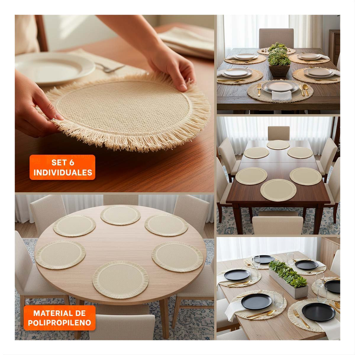 BASES CIRCULARES TEJIDAS CON FLECOS COLOR BEIGE EN SET DE 6 PARA MESA DE 38CM - 5