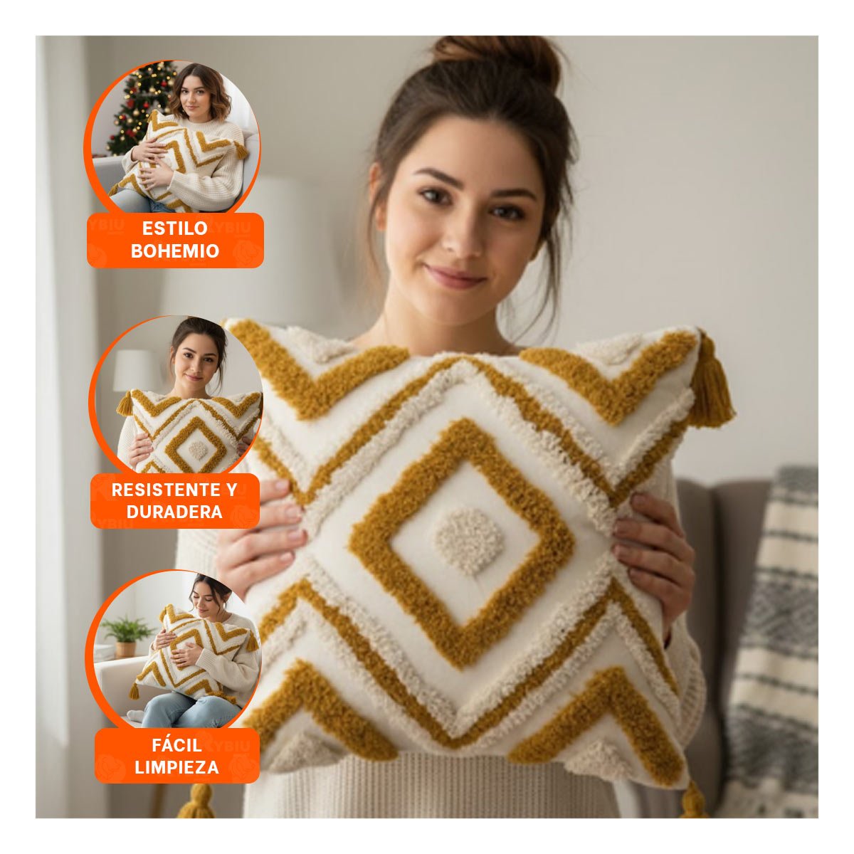 CUBIERTA DECORATIVA COLOR CREMA Y AMARILLO CON BASE POLIESTER Y ROMBOS BOHO Y+PAPEL REGALO - 5