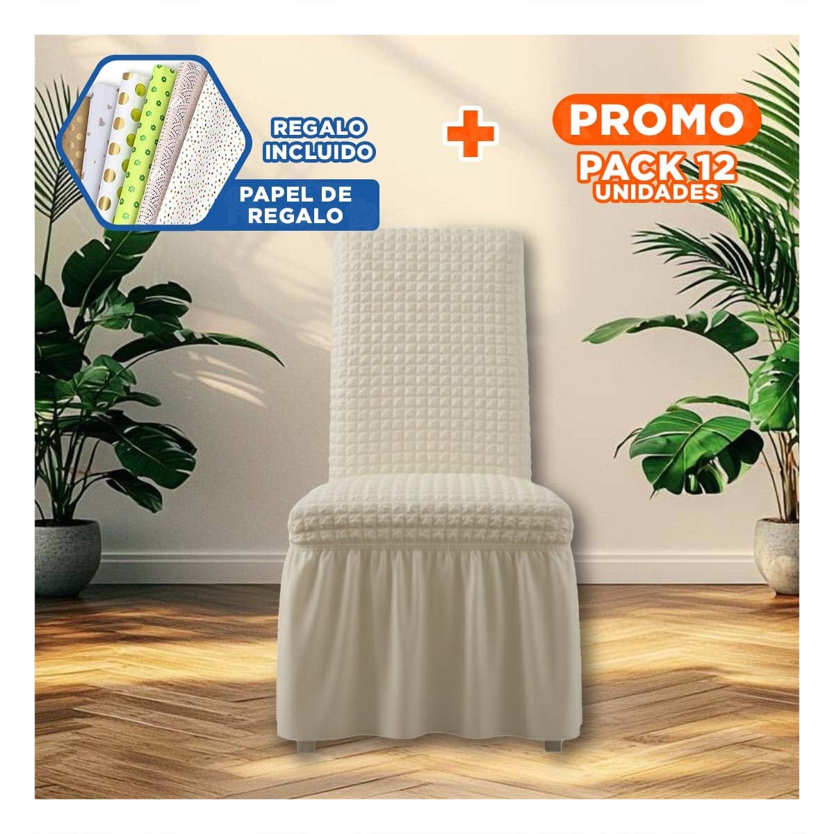 PACK12 PROTECTOR ELASTICA COLOR CREMA PARA SILLA CON RELIEVE GEOMETRICO CUADRADO Y+PAPEL REGALO - 1