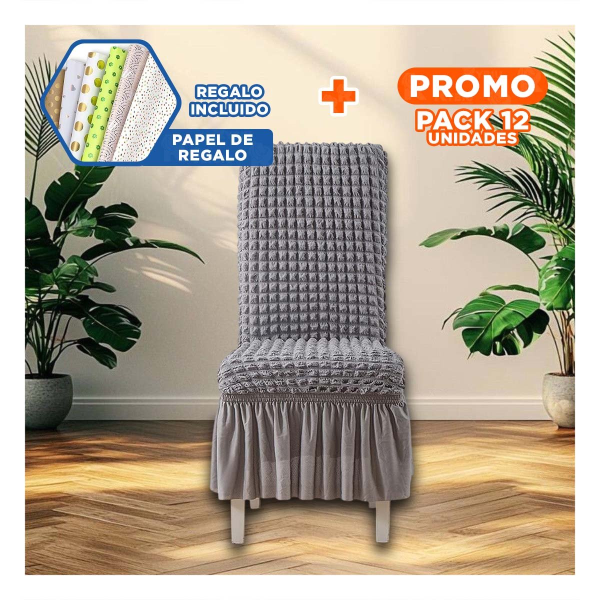 PACK12 PROTECTOR ELASTICA COLOR PLOMO PARA SILLA CON RELIEVE GEOMETRICO CUADRADO Y+PAPEL REGALO - 1