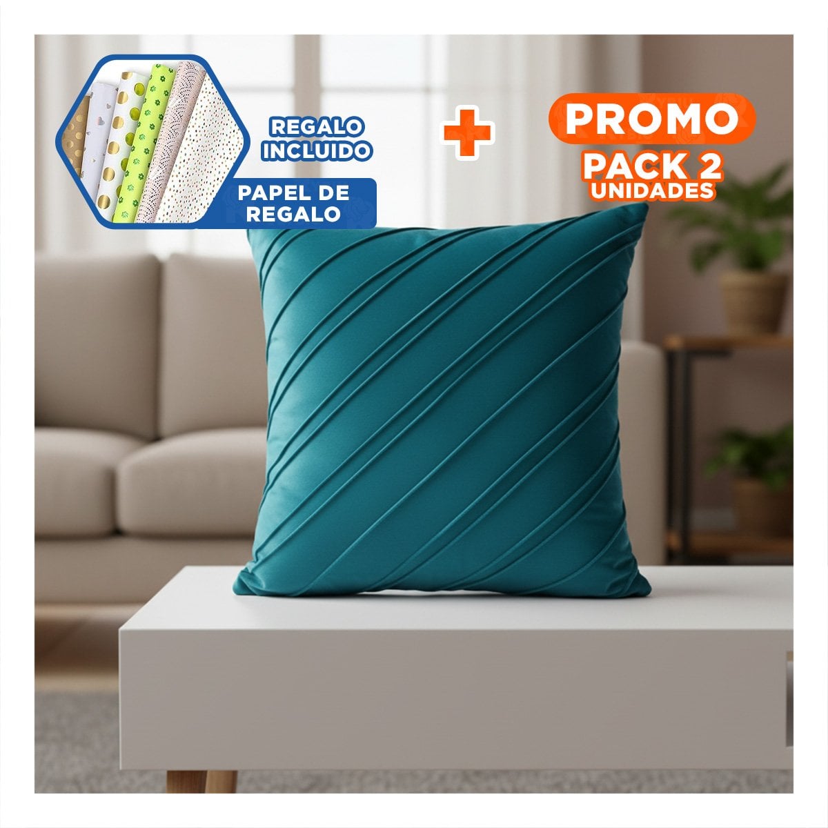PACK2 FUNDA PARA ALMOHADA CON TERCIOPELO Y DIAGONALES DE COLOR VERDE AZULADO Y+PAPEL REGALO - 1
