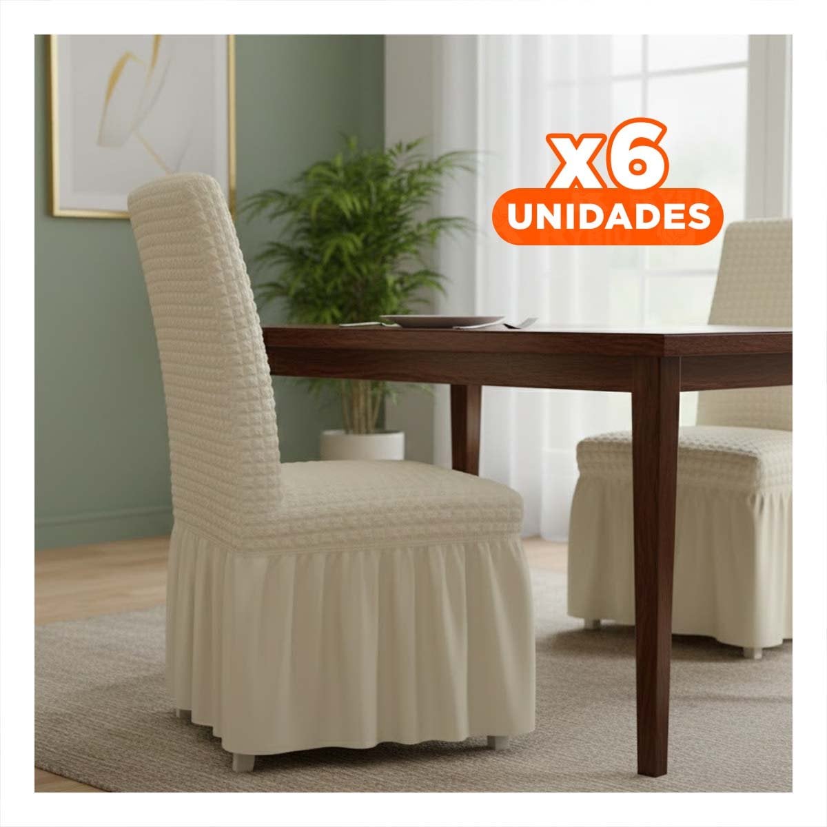 PACK6 FORRO ELASTICA PARA SILLA CON RELIEVE CUADRADO COLOR CREMA Y+REGALO STICKER - 1