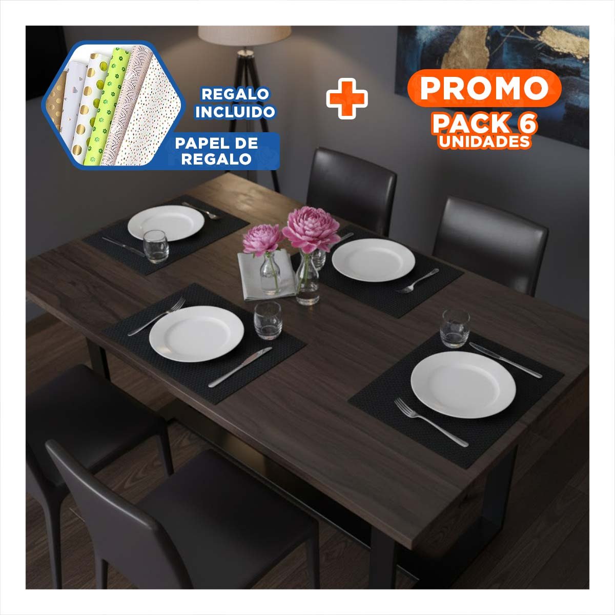 PACK6 RECURSO DECORATIVO DE MESA RECTANGULAR 4 PIEZAS PARA CASA Y+PAPEL REGALO - 1