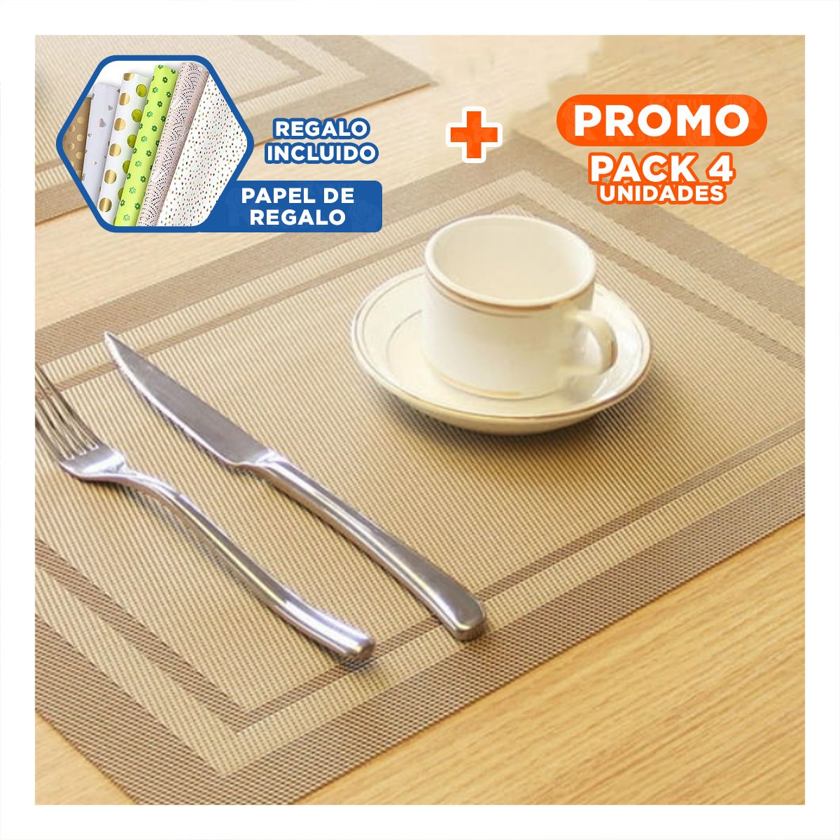 PACK4 COLECCION PARA MESA ELEGANTE 6 INDIVIDUAL RECTANGULAR CON RAYAS Y+PAPEL REGALO - 1