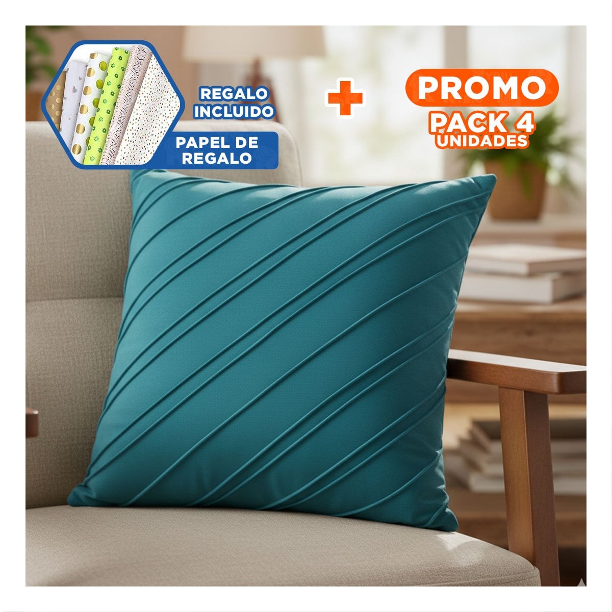 PACK4 FUNDA PARA ALMOHADA DE TERCIOPELO Y DIAGONALES EN COLOR VERDE AZULADO Y+PAPEL REGALO - 1