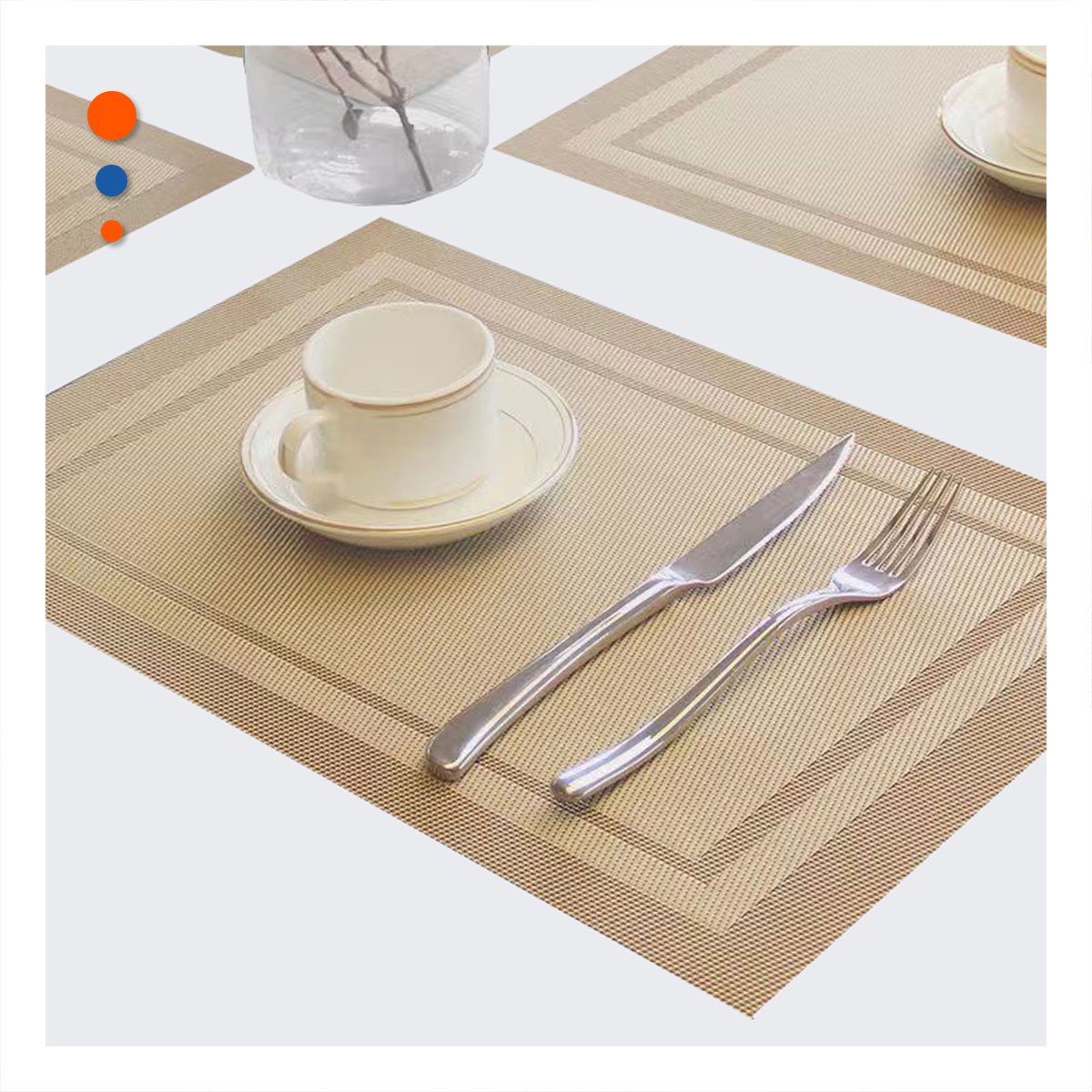 PACK6 MANTEL INDIVIDUAL RECTANGULAR SET 6 PIEZAS CON BORDE RAYAS DORADO MESA - 2