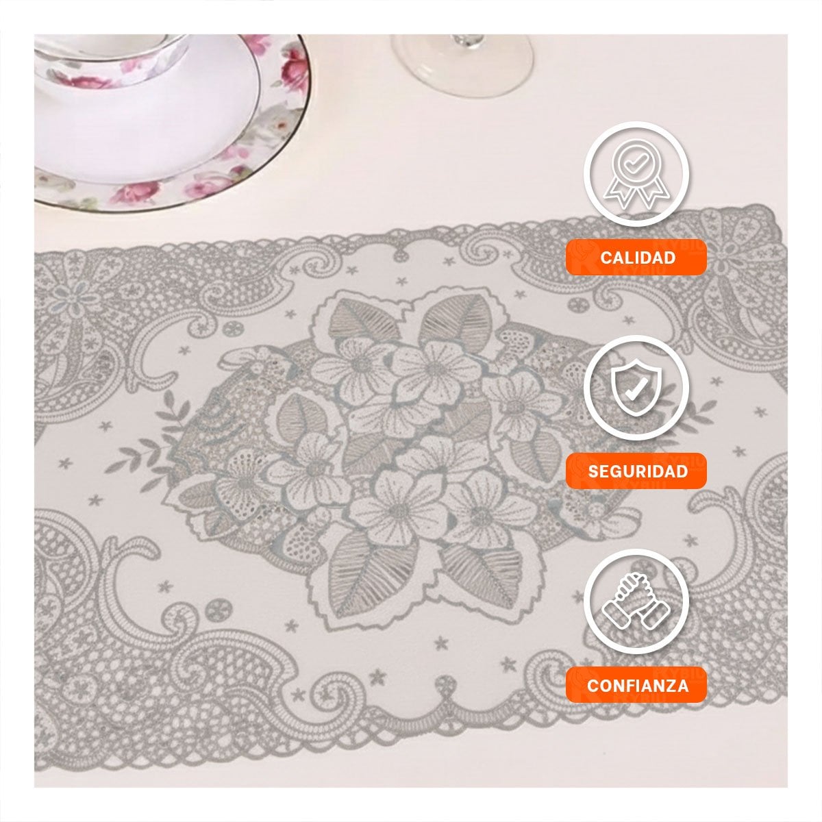 PACK2 MANTEL SOFISTICADO PLATEADO CON ENCAJE FLORAL PARA MESA NAVIDENA Y+REGALO STICKER - 5