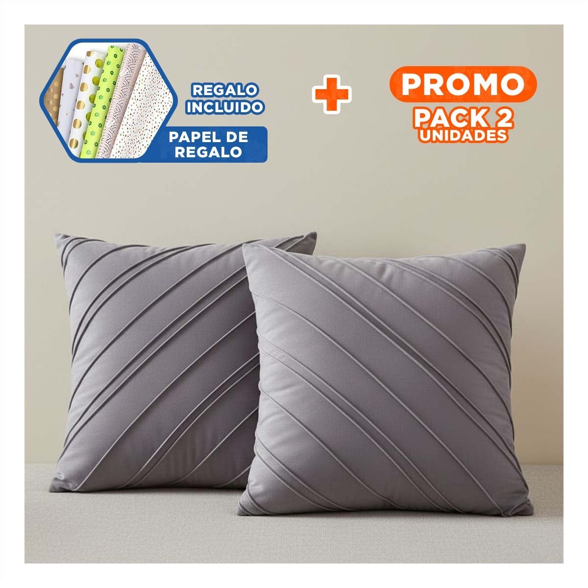 PACK2 FUNDA PARA ALMOHADA CON TERCIOPELO Y DIAGONALES DE COLOR PLOMO OSCURO Y+PAPEL REGALO - 1