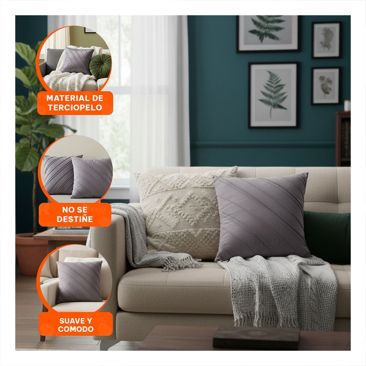 PACK2 FUNDA PARA ALMOHADA CON TERCIOPELO Y DIAGONALES DE COLOR PLOMO OSCURO Y+PAPEL REGALO - 5