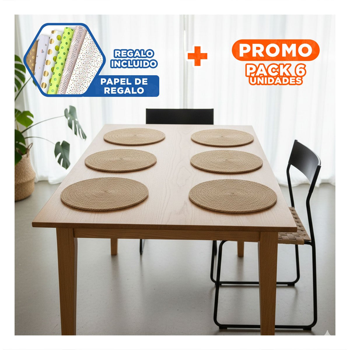 PACK6 CONJUNTO 6 PLATOS INDIVIDUALES TEJIDOS CAQUI 38CM MODERNOS Y ELEGANTES YPAPEL REGALO - 1