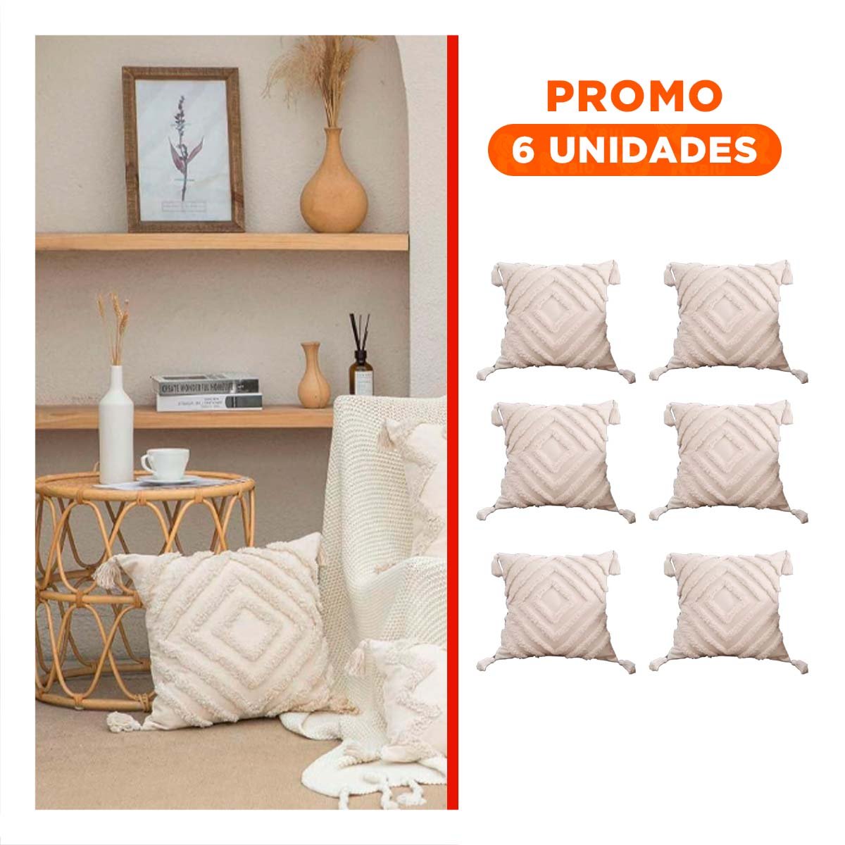 PACK6 FORRO POLIESTER CON PATRON BOHO DE ROMBOS Y ACABADO CREMA DE 45CM - 1