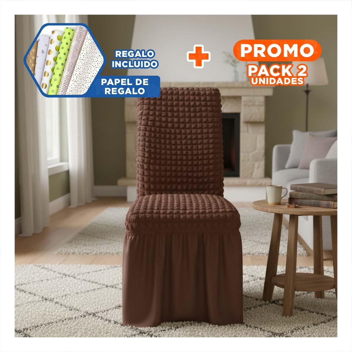 PACK2 FUNDA ELASTICA DE SILLA COLOR MARRON CON RELIEVE VISUAL DE BURBUJAS Y+PAPEL REGALO - 1