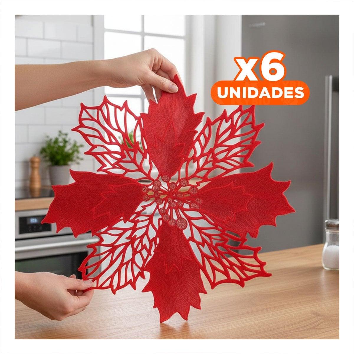 PACK6 COLECCION TEXTIL 6 INDIVIDUALES FLOR DE PINA ROJO 42X42 CM ESTILO Y+REGALO STICKER - 1