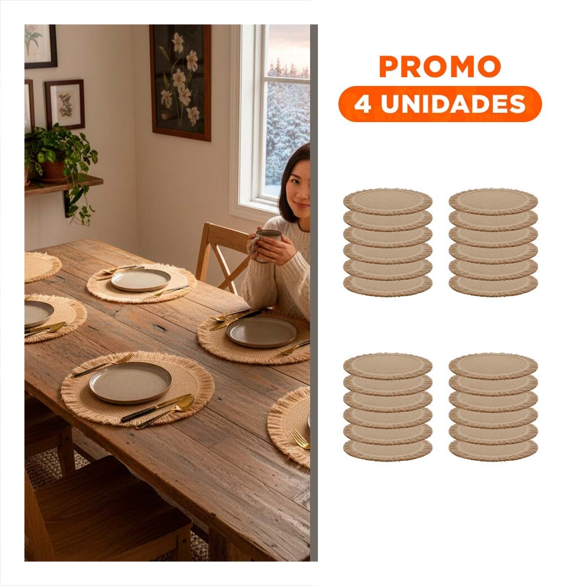 PACK4 CUBREMESAS CIRCULARES TEJIDOS CON FLECOS CAQUI INCLUIDOS EN SET DE 6 Y+REGALO STICKER - 1