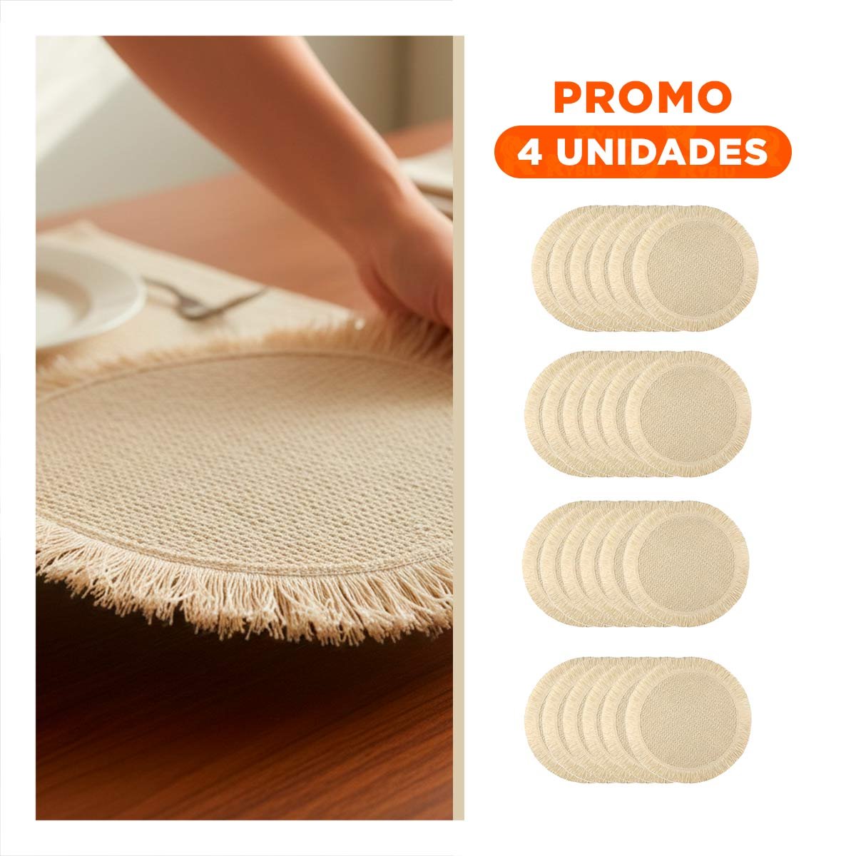 PACK4 CUBREMESAS CIRCULARES TEJIDOS CON FLECOS BEIGE INCLUIDOS EN SET DE 6 Y+REGALO STICKER - 1