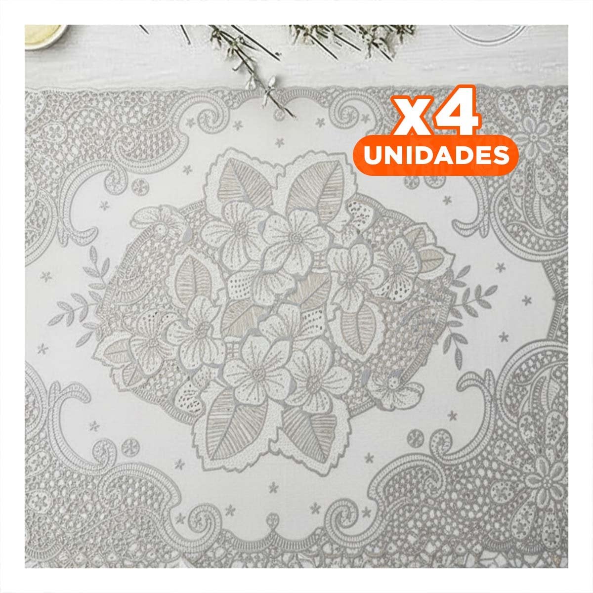 PACK4 INDIVIDUAL PLATEADO MODERNO CON ENCAJE FLORAL PARA CELEBRACION Y+REGALO STICKER - 1
