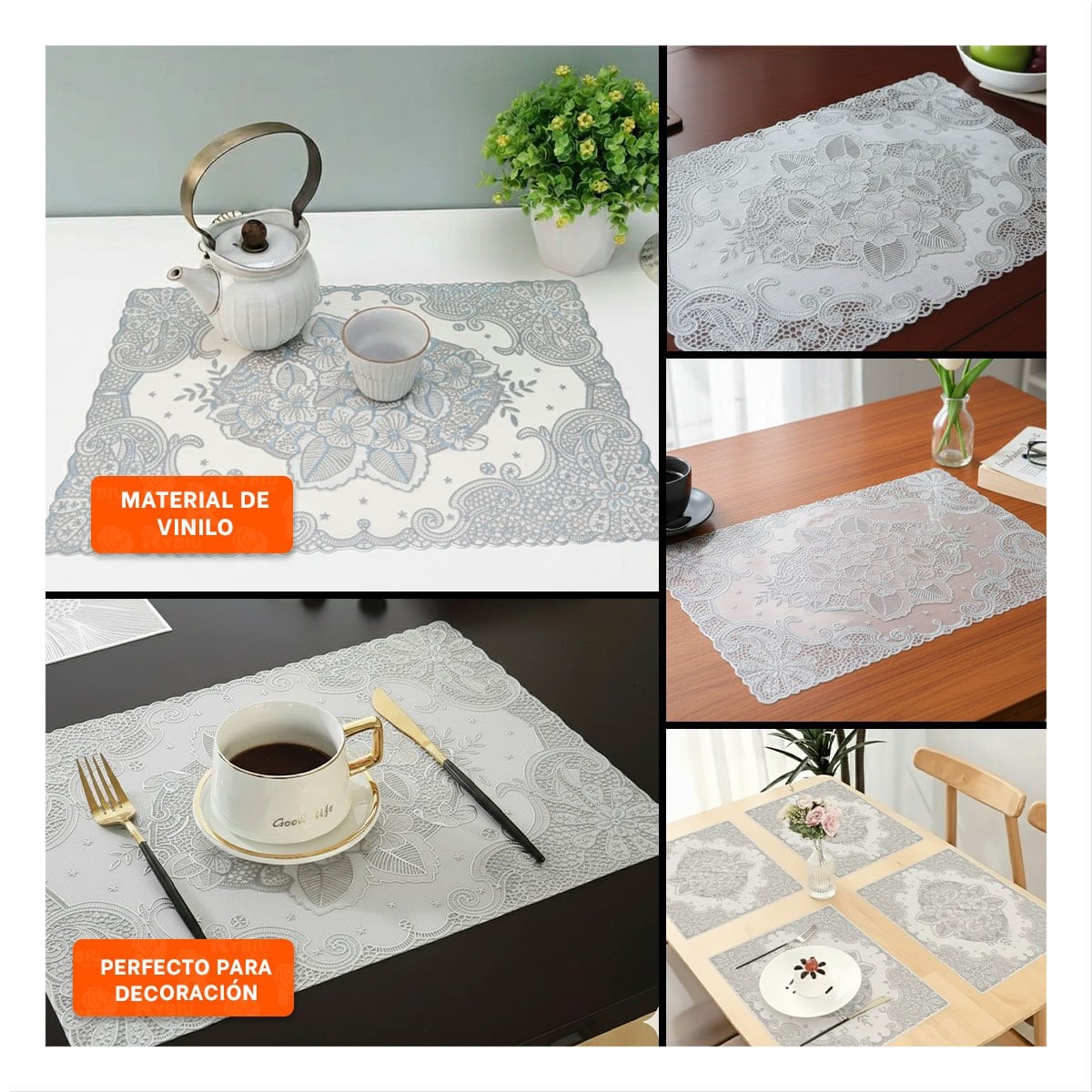 PACK4 INDIVIDUAL PLATEADO MODERNO CON ENCAJE FLORAL PARA CELEBRACION Y+REGALO STICKER - 2