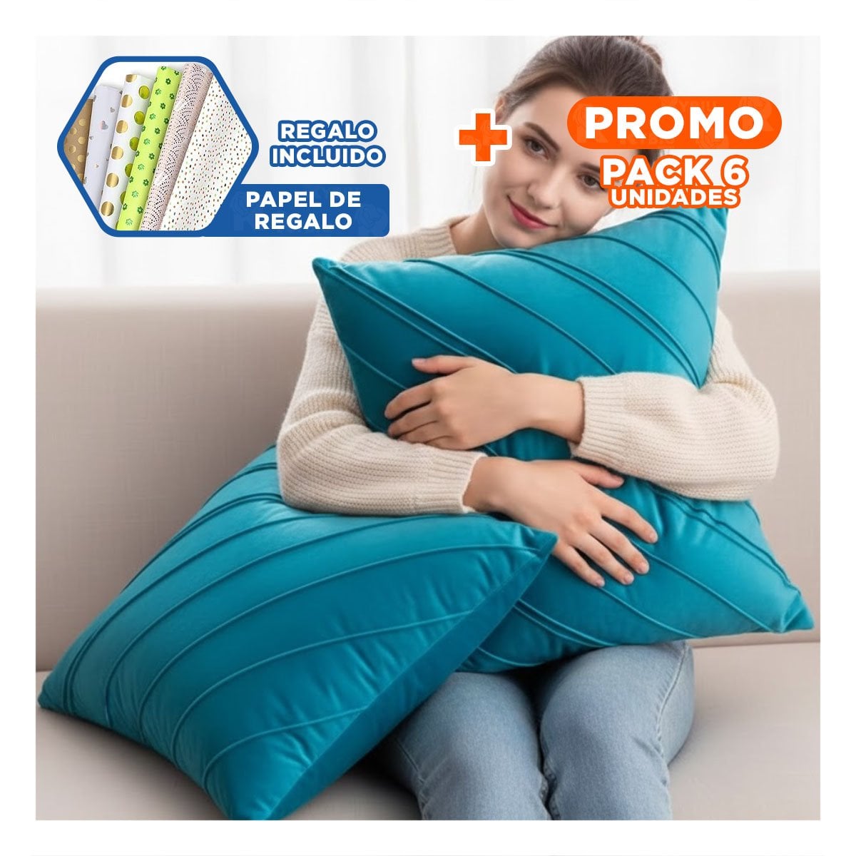 PACK6 PROTECTOR PARA ALMOHADA CON ENFOQUE VISUAL EN TERCIOPELO TURQUEZA Y+PAPEL REGALO - 1