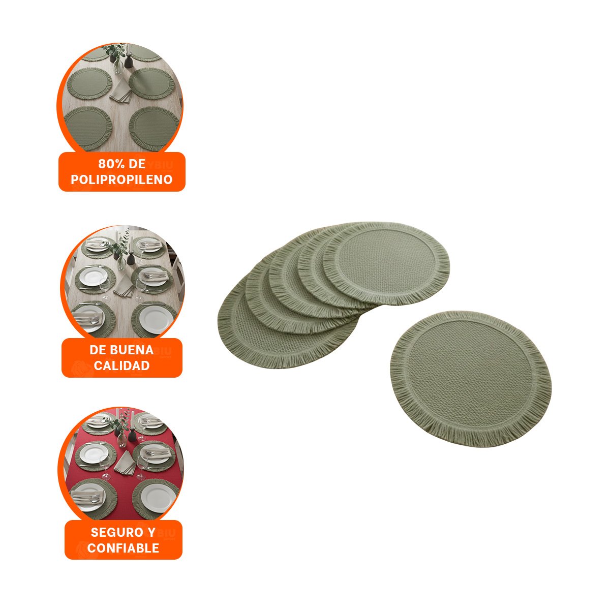 BASES CIRCULARES TEJIDAS CON FLECOS COLOR VERDE EN SET DE 6 PARA MESA - 3