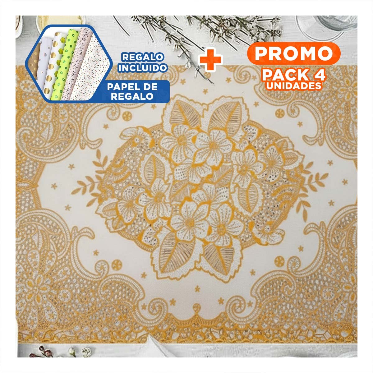 PACK4 INDIVIDUAL DORADO ELEGANTE CON DISEÑO FLORAL PARA HOGAR MODERNO Y+PAPEL REGALO - 1