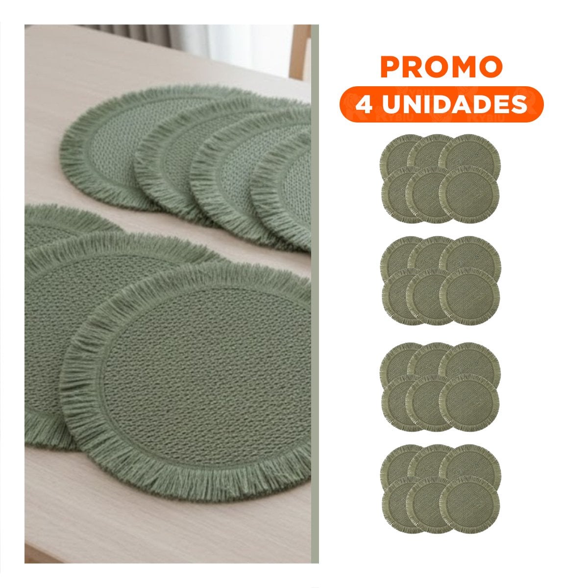 PACK4 CUBREMESAS CIRCULARES TEJIDOS CON FLECOS VERDE INCLUIDOS EN SET DE 6 Y+REGALO STICKER - 1