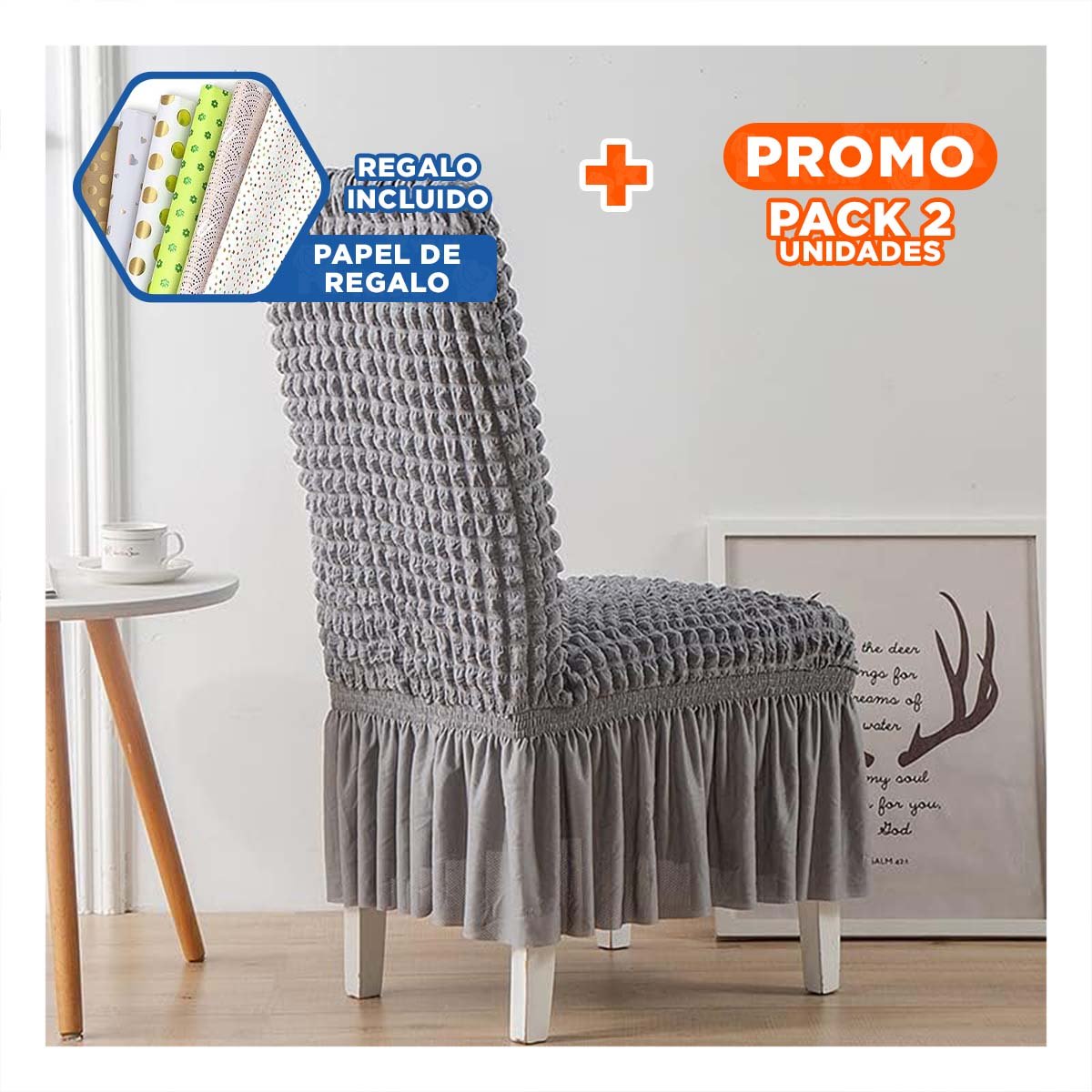 PACK2 FUNDA ELASTICA DE SILLA COLOR PLOMO CON RELIEVE VISUAL DE BURBUJAS Y+PAPEL REGALO - 1