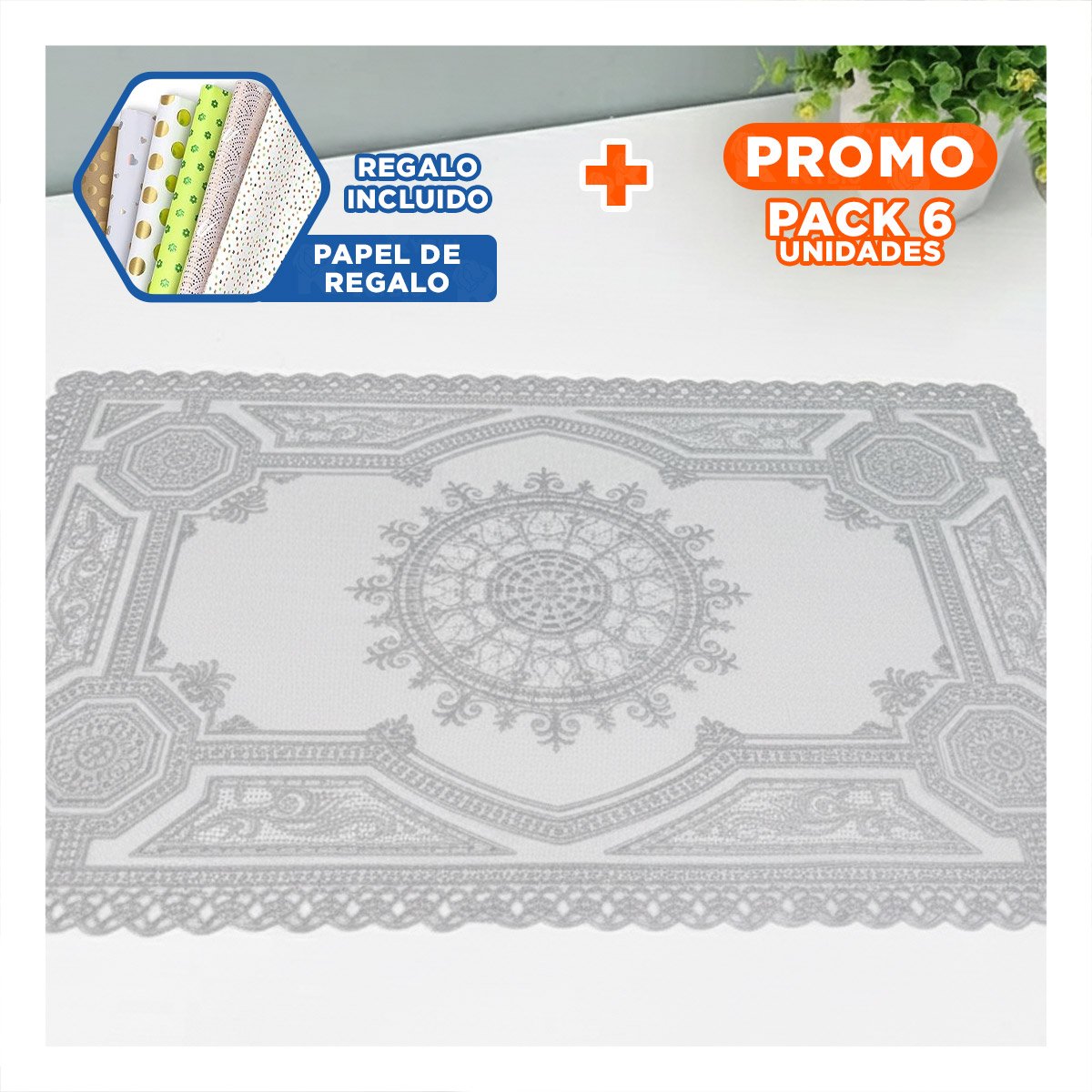 PACK6 INDIVIDUAL PLATEADO RECTANGULAR CON DETALLE DE ENCAJE MANDALA PARA HOGAR Y+PAPEL REGALO - 1