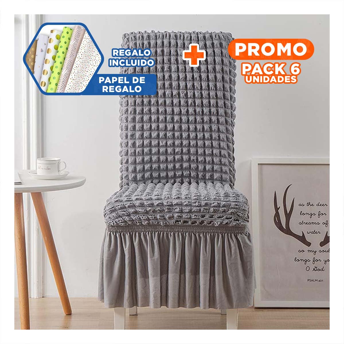 PACK6 FORRO PARA SILLA CON PATRON CUADRADO ELASTICA EN COLOR PLOMO Y+PAPEL REGALO - 1