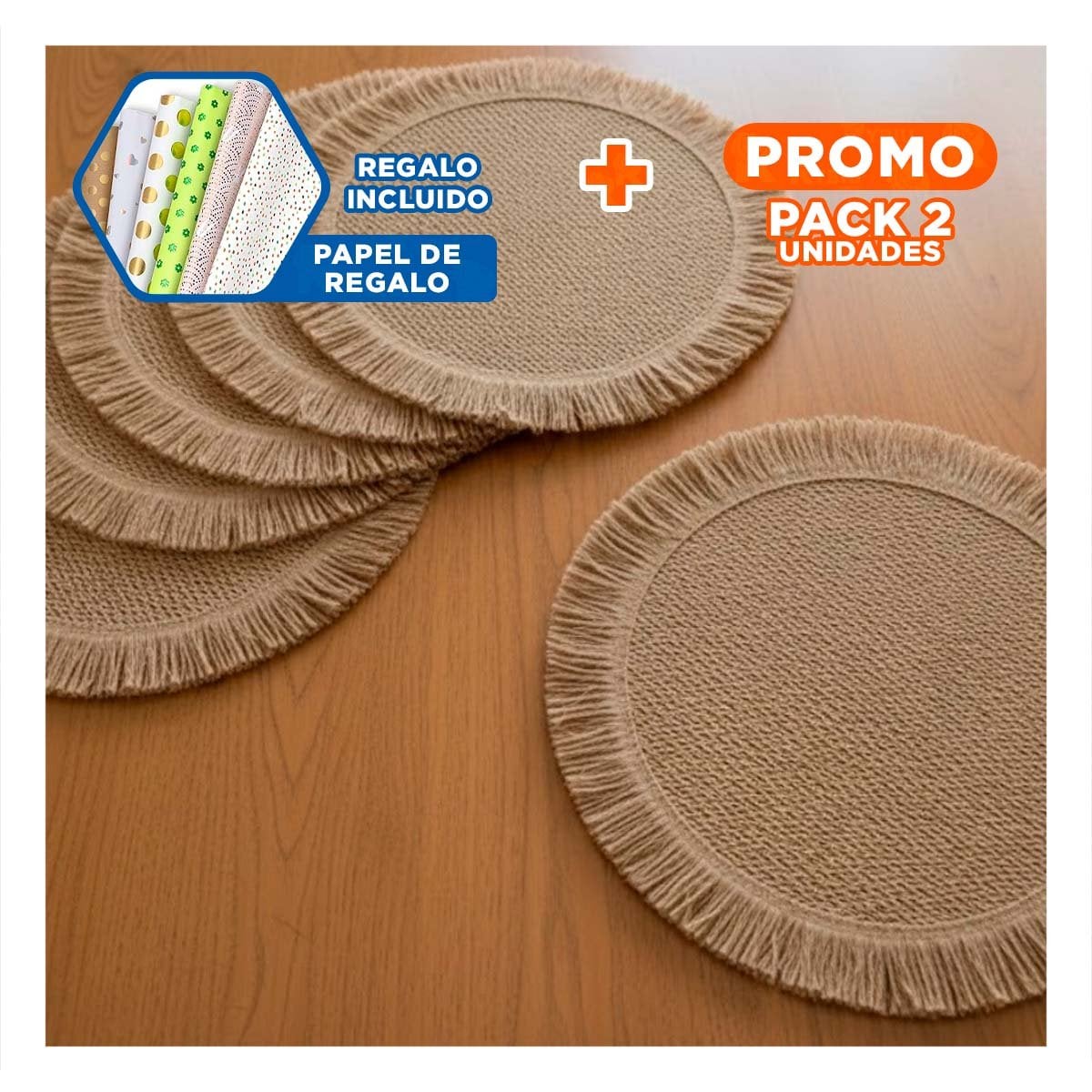 PACK2 INDIVIDUALES CON FORMA CIRCULAR TEJIDA FLECOS CAQUI SET DE 6 PIEZAS Y+PAPEL REGALO - 1