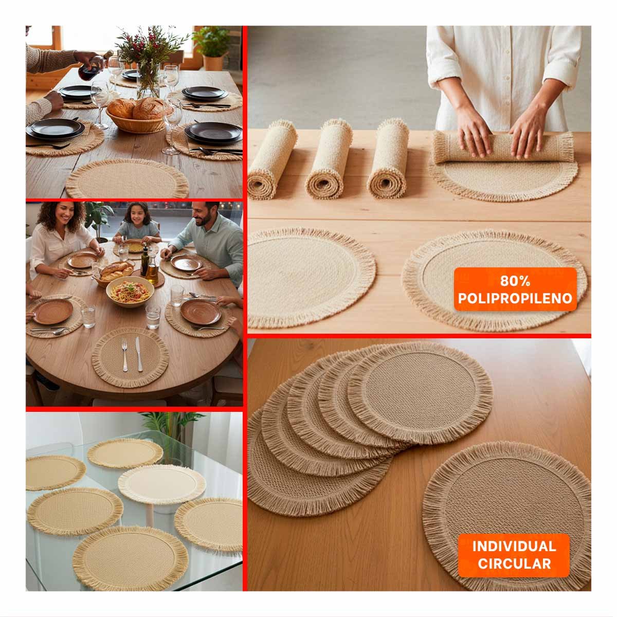 PACK2 INDIVIDUALES CON FORMA CIRCULAR TEJIDA FLECOS CAQUI SET DE 6 PIEZAS Y+PAPEL REGALO - 3