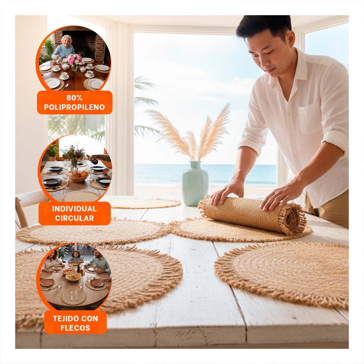 PACK2 INDIVIDUALES CON FORMA CIRCULAR TEJIDA FLECOS CAQUI SET DE 6 PIEZAS Y+PAPEL REGALO - 5