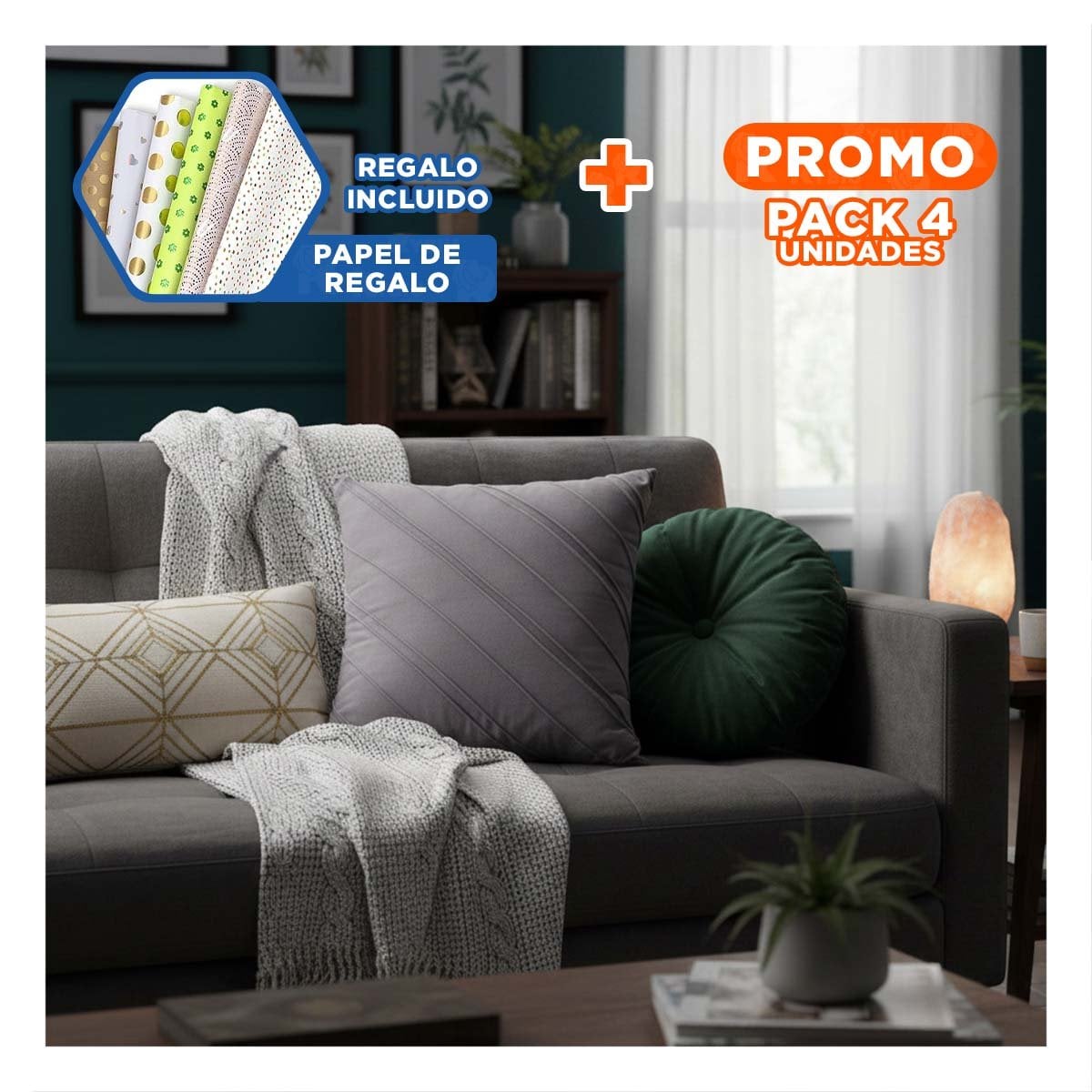 PACK4 FUNDA PARA ALMOHADA DE TERCIOPELO Y DIAGONALES EN COLOR PLOMO OSCURO Y+PAPEL REGALO - 1