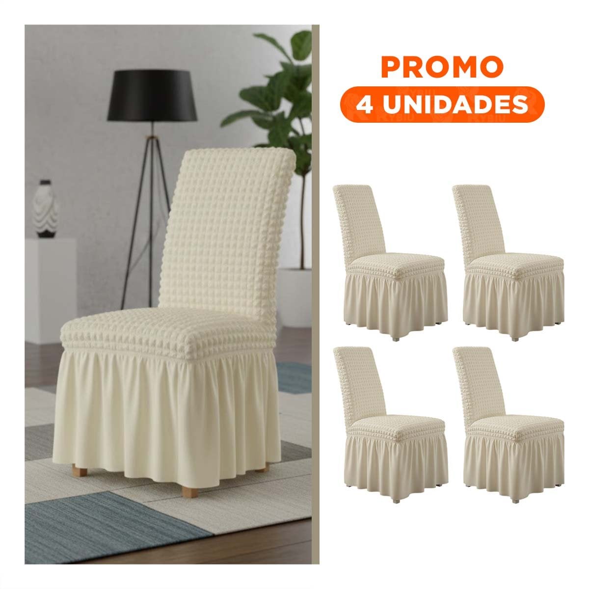 PACK4 FORRO PARA SILLA COLOR CREMA ELASTICA CON PATRON TEXTURIZADO CUADRADO Y+REGALO STICKER - 1