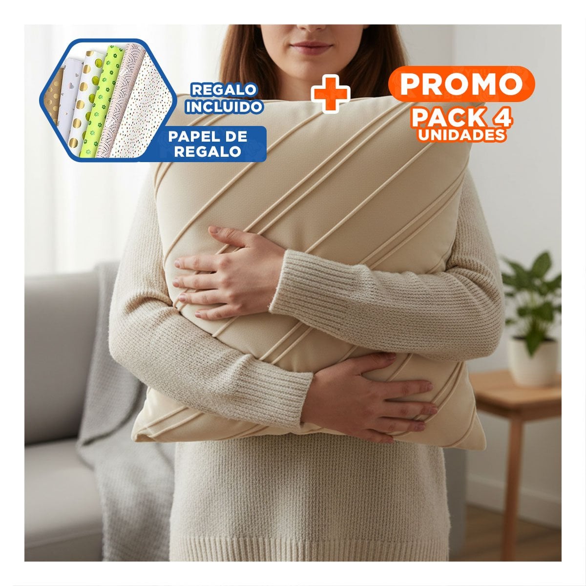 PACK4 FUNDA PARA ALMOHADA QUE COMBINA TERCIOPELO Y DIAGONALES EN COLOR CREMA Y+PAPEL REGALO - 1