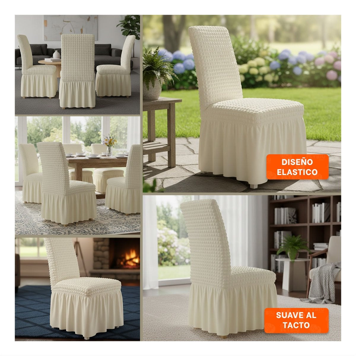 CUBIERTA DE SILLA ELASTICA CON PATRON DE BURBUJAS CUADRADAS COLOR CREMA Y+LIGAS REGALO - 5