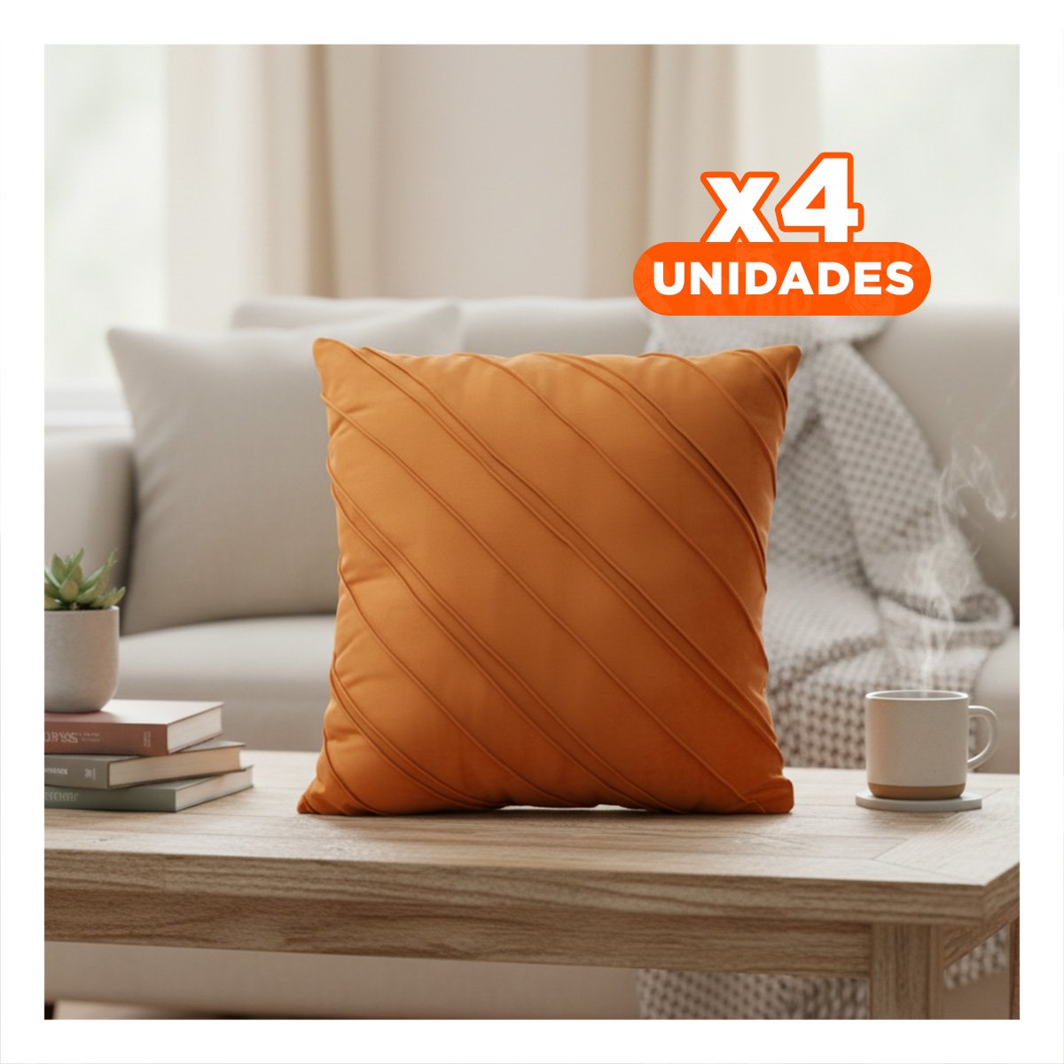 PACK4 FUNDA PARA ALMOHADA QUE COMBINA TERCIOPELO Y DIAGONALES EN COLOR NARANJA YPAPEL REGALO - 1