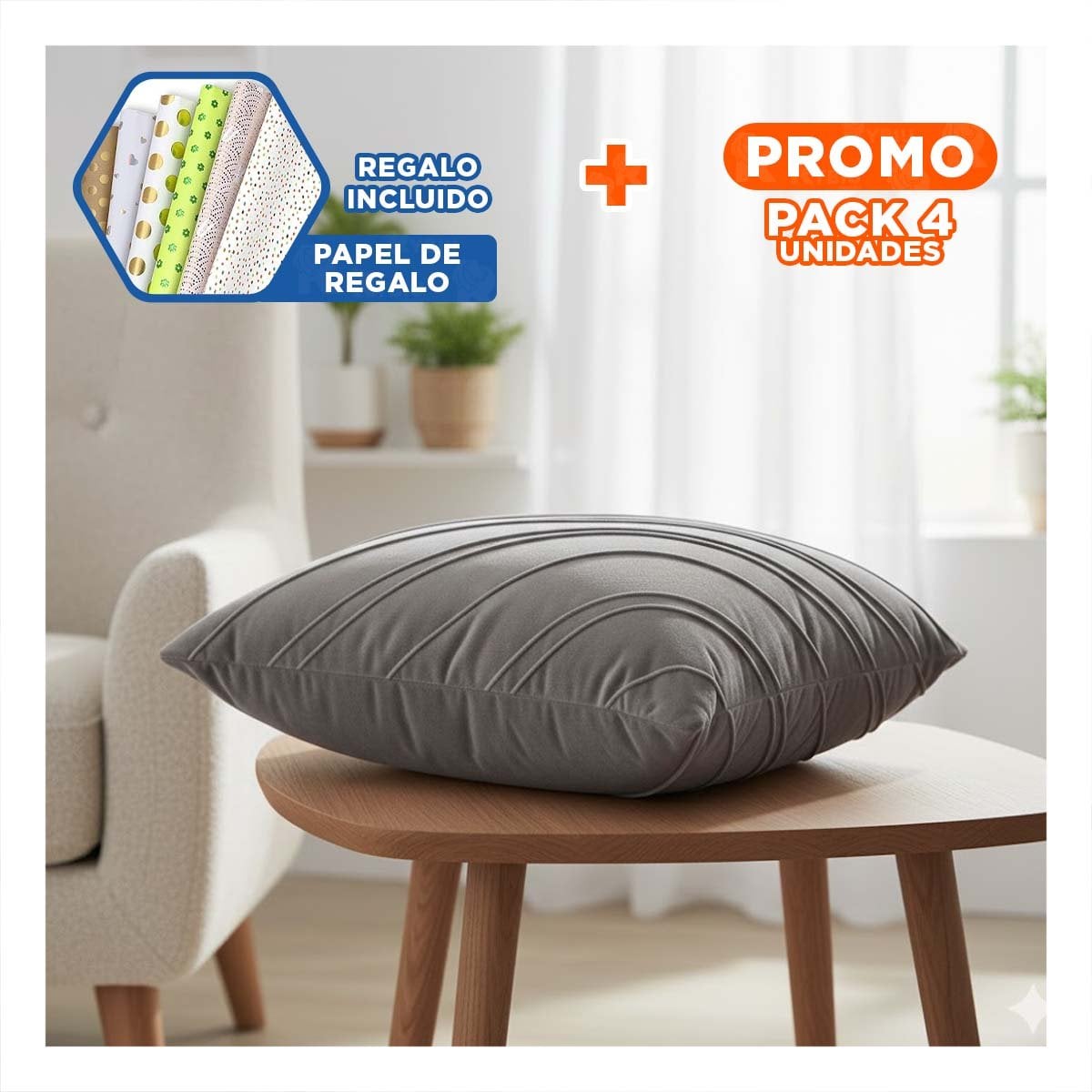 PACK4 FUNDA PARA ALMOHADA DE TERCIOPELO Y DIAGONALES EN COLOR PLOMO INTERMEDIO YPAPEL REGALO - 1