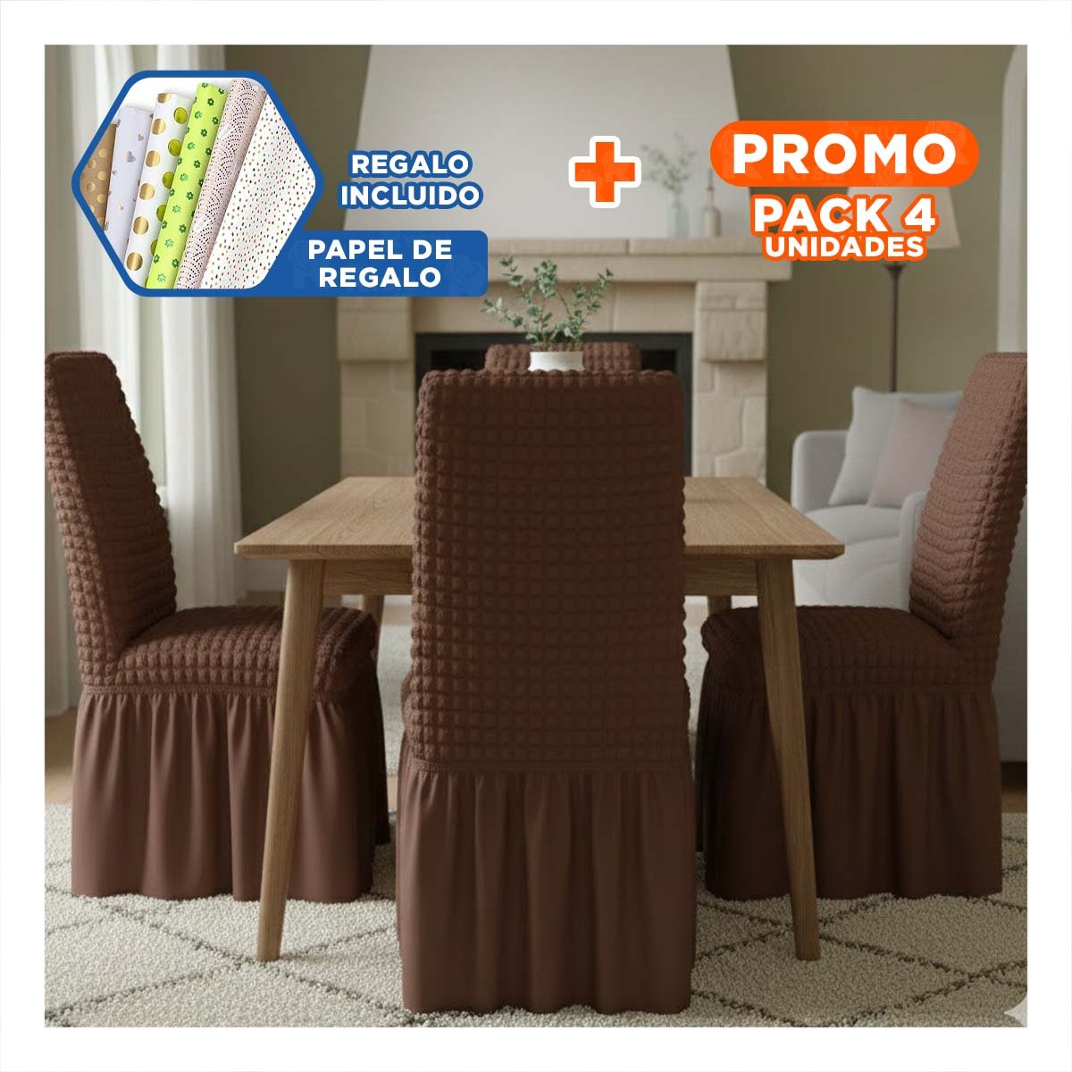 PACK4 FUNDA DE SILLA COLOR MARRON CON PATRON DE BURBUJAS ELASTICA Y+PAPEL REGALO - 1