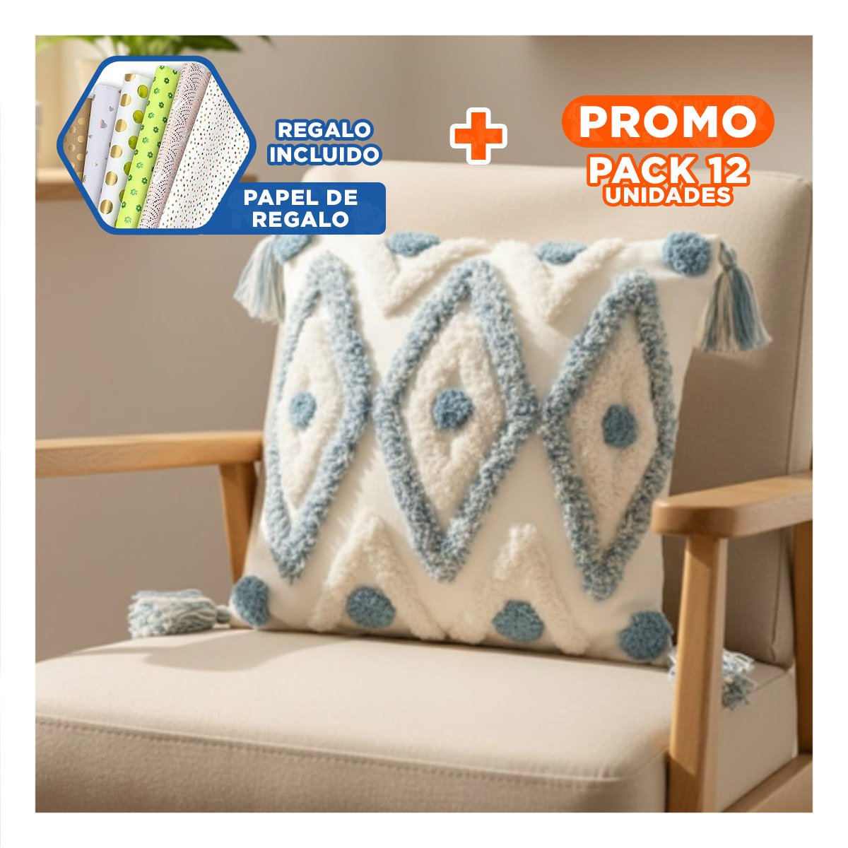 PACK12 PROTECTOR BOHO DE ROMBOS SOBRE TEXTURA POLIESTER CREMA Y CELESTE Y+PAPEL REGALO - 1