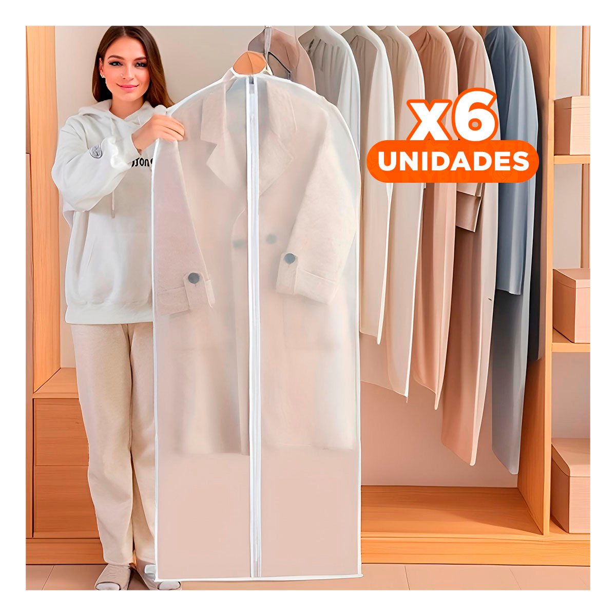 PACK6 FUNDA TEXTIL PROTECTORA DE ROPA 60X140CM BLANCO TRANSPARENTE HOGAR Y+REGALO STICKER - 1