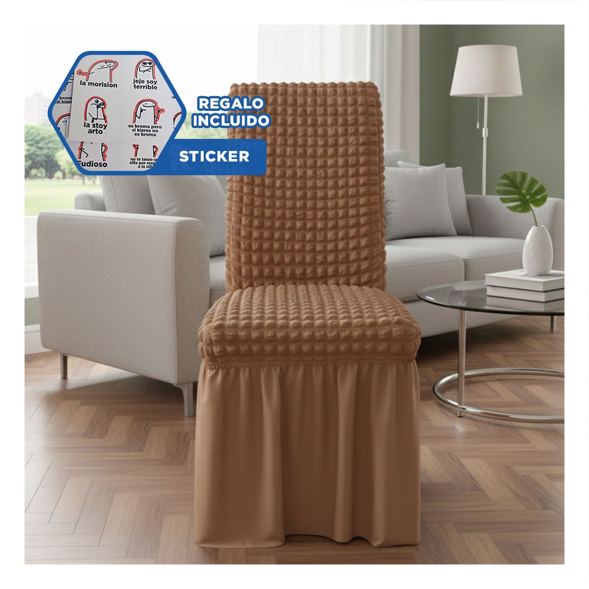CUBIERTA ELASTICA COLOR MARRON PARA SILLA CON RELIEVE GEOMETRICO CUADRADO Y+REGALO STICKER - 1