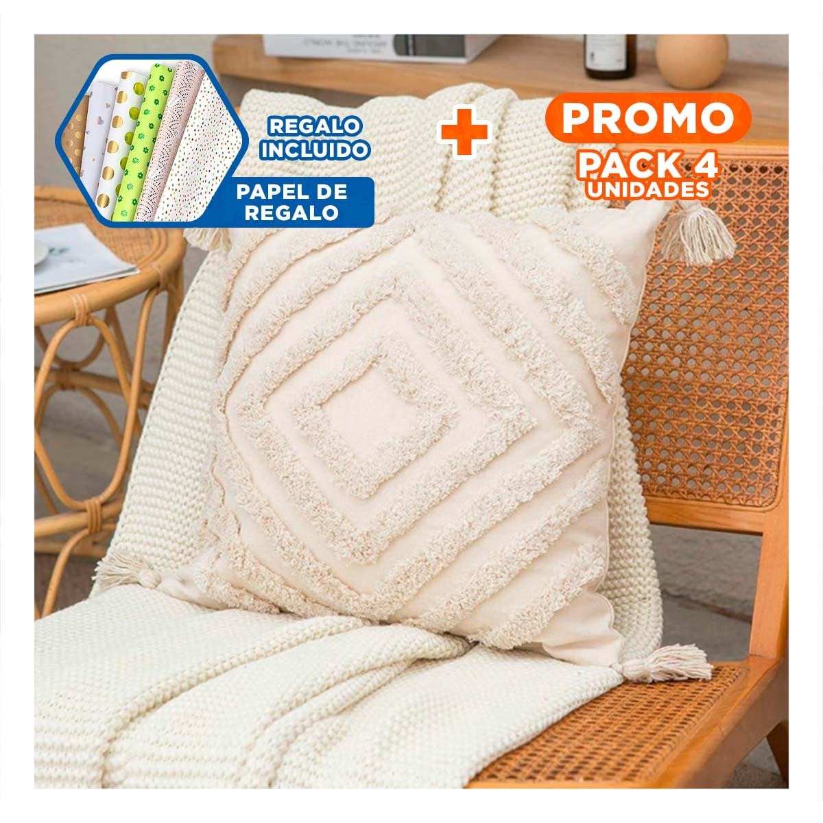 PACK4 FUNDA BOHO DE ROMBOS CRECIENDO CON BASE TEXTIL EN POLIESTER CREMA Y+PAPEL REGALO - 1
