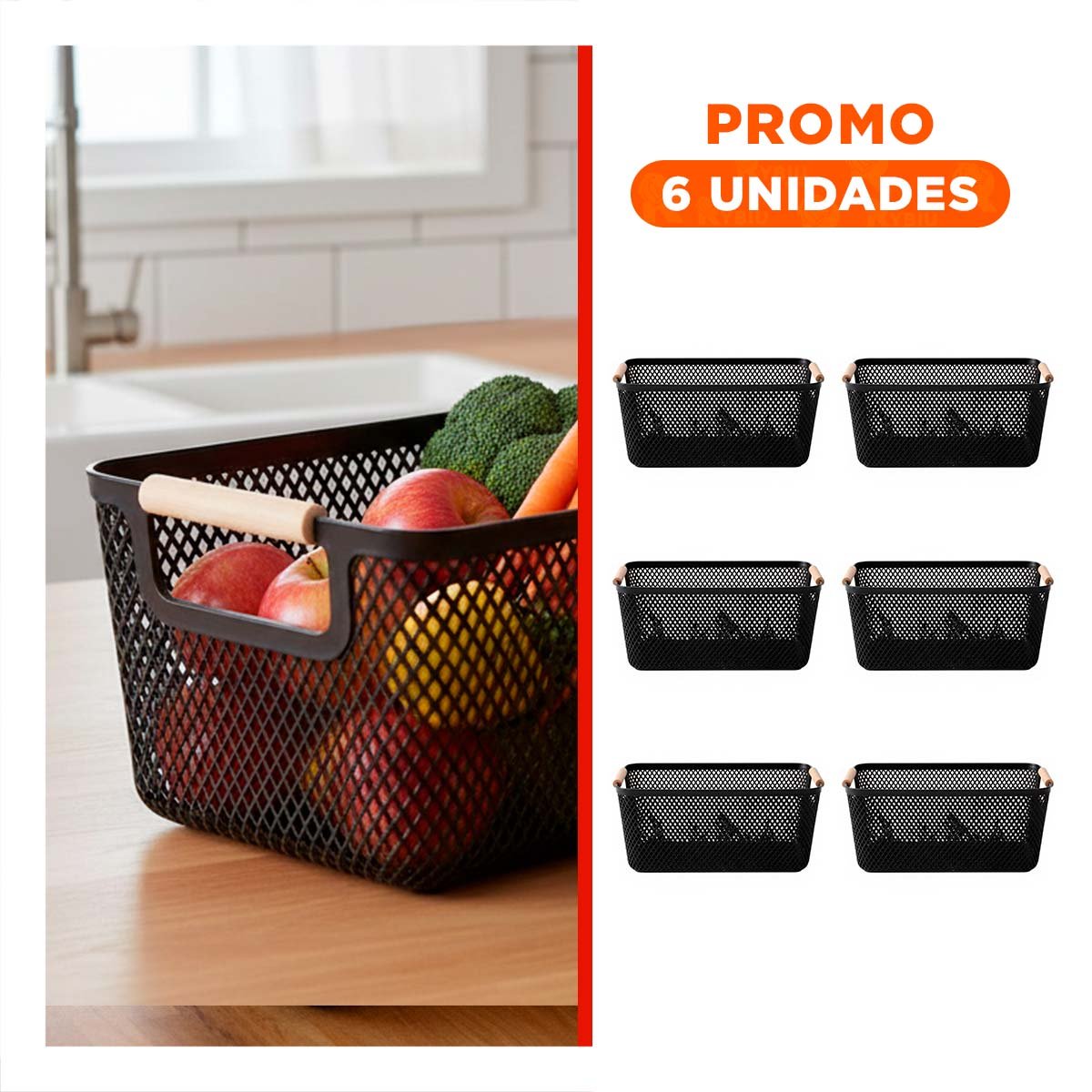 PACK6 ORGANIZADOR ESTILO MODERNO DE MALLA CON ASAS DE MADERA NEGRO PARA COLOCAR ARTICULOS - 1