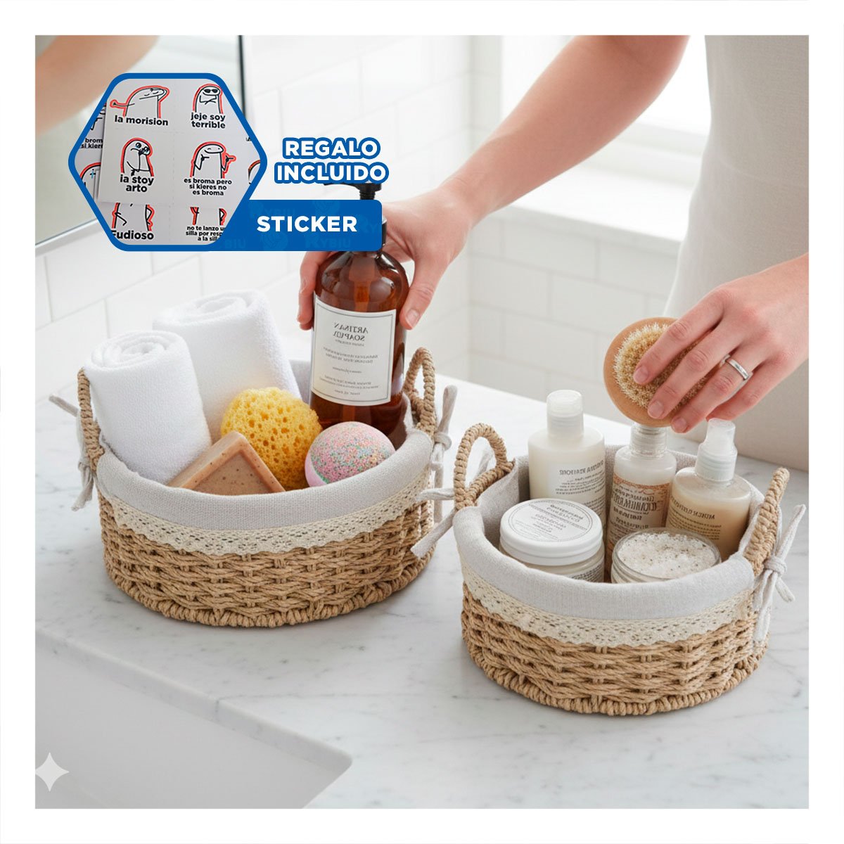 DUO 2 CANASTO CIRCULAR TEJIDO CON FORRO BEIGE Y PLOMO PARA GUARDAR ROPA YREGALO STICKER - 1